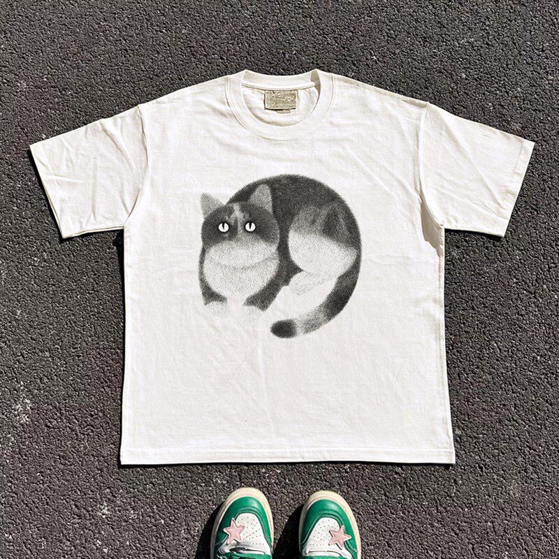 王有病工作室e 220G轻薄高织不透!美式男女情侣装猫咪宽松短袖T恤