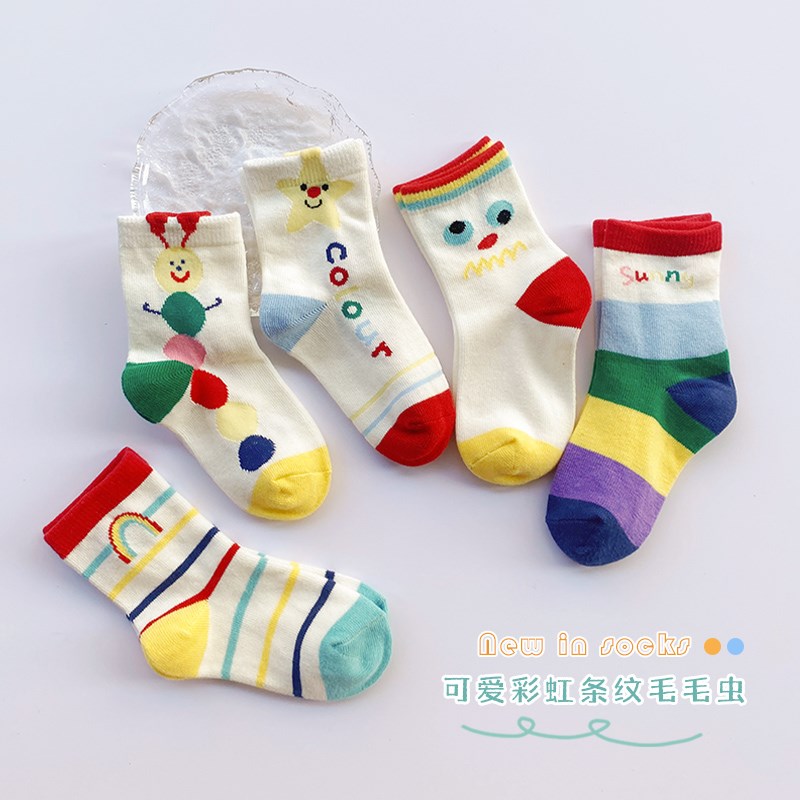 儿童袜子春秋纯棉多巴胺韩版中筒袜男童女童宝宝秋U冬彩虹色条纹