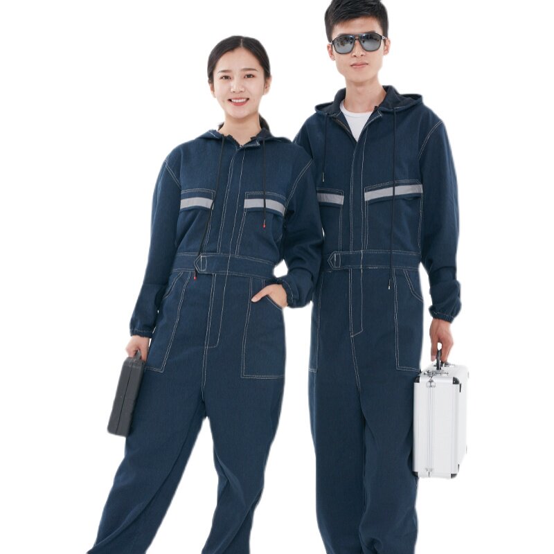 牛仔连体工作服套装男汽修机修电焊D工车间劳保工装结实耐磨连体