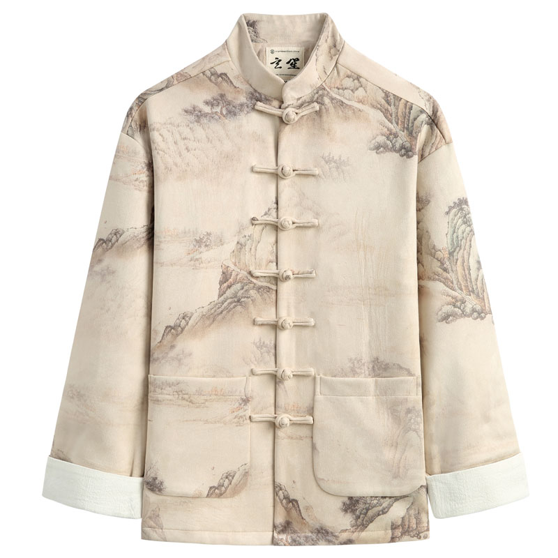 唐装男秋冬新款中国风男装国x潮山水印花上衣中式手工盘扣立领外
