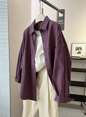 韩版bf中性工装风紫色衬衫外套女春秋新款L宽松落肩慵懒风外套上