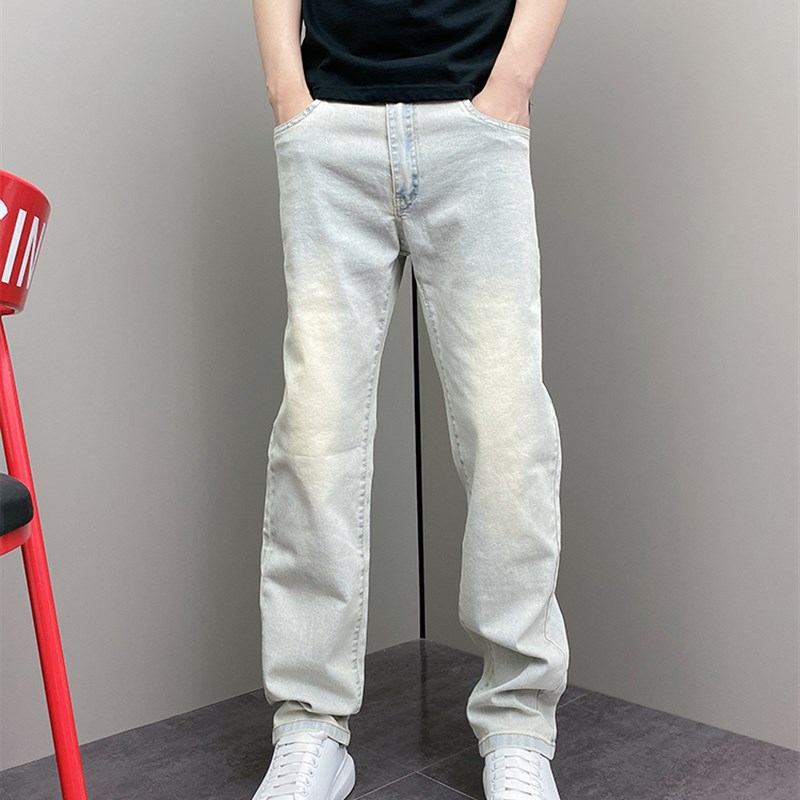 2024秋季潮流韩版浅色系痞帅高级蓝色H修身直筒长裤青年男士牛仔