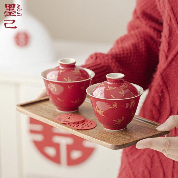 墨己婚庆敬茶碗套组一对含底托红色国风烫金盖碗结婚改口茶碗茶杯,节庆用品/礼品,喜碗/敬茶杯,淘宝优惠券,粉丝福利购,淘宝优惠卷