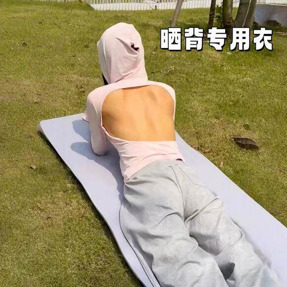 三伏天晒背专用衣带胸垫长袖户外晒太阳神器后背镂空露背晒背神器