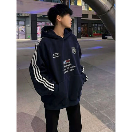 美式复古拼接三条杠连帽卫衣男秋冬季加绒加厚痞帅百搭潮男帽衫