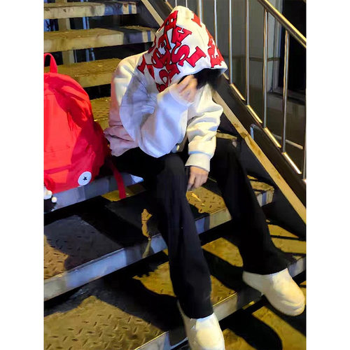 美式高街字母贴布刺绣连帽卫衣男