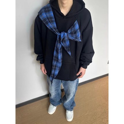 美式高街蝴蝶结格子绑带连帽卫衣男秋冬新款宽松小众设计感上衣潮