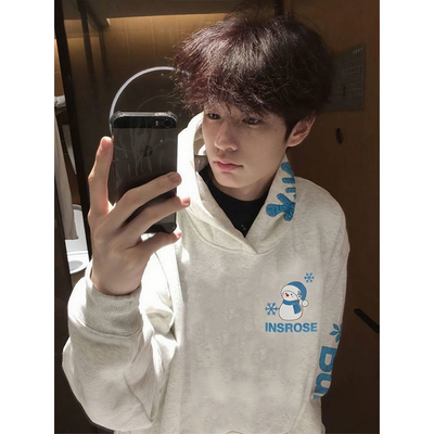 美式潮牌雪花字母刺绣连帽卫衣男