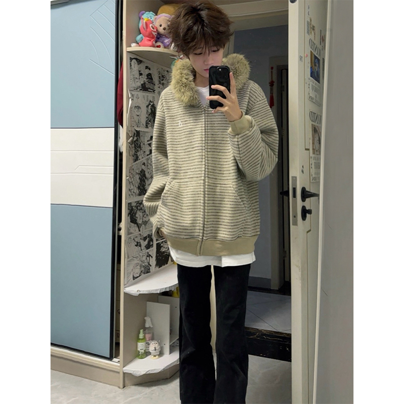 美式复古条纹毛领连帽拉链卫衣男