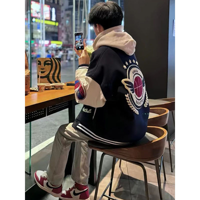 高街美式毛巾植绒刺绣棒球服男