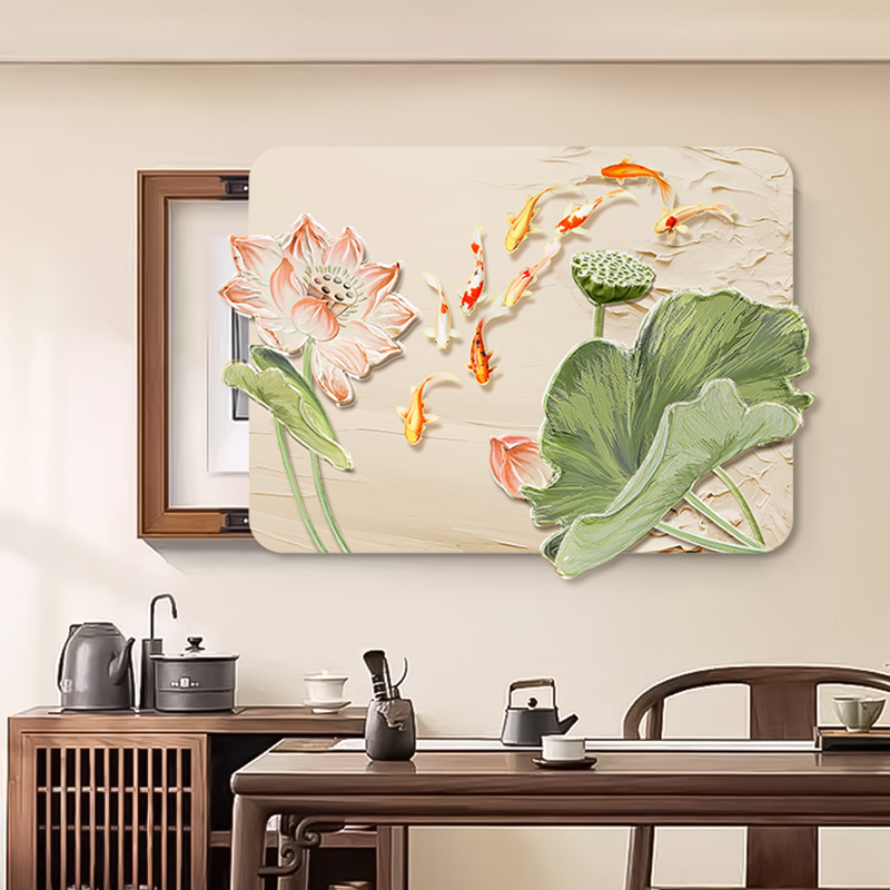 九鱼图电表箱装饰画荷花餐厅立体感挂画遮挡配电箱电闸盒开关壁画图片