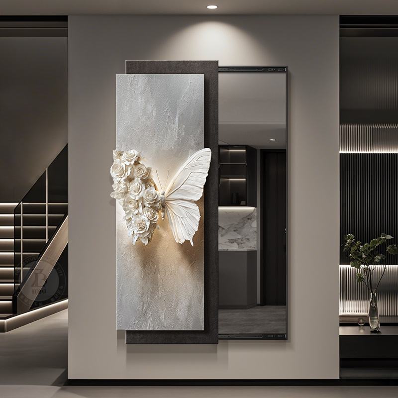高级感可推拉隐藏式全身镜玄关装饰画蝴蝶隐形穿衣镜试衣镜子挂画