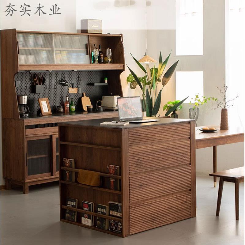 北美胡桃木岩中岛台悬浮岛板台DT-0470餐桌一体可伸实缩黑厨房餐