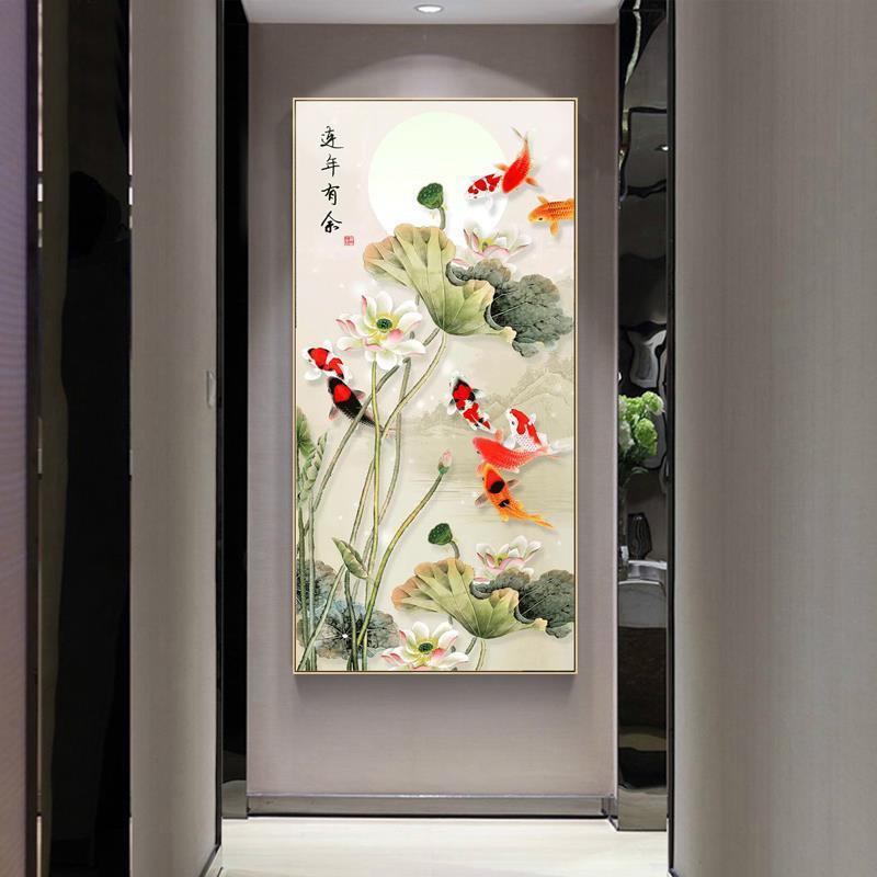 连年有余钻石画满钻玄关竖版点钻十字绣荷花九鱼图钻石绣贴钻画5d