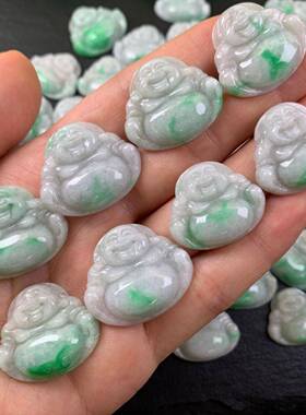 天佛然甸翡翠缅A货OQS公白底青种飘挂绿大肚佛配绳件玉坠笑佛