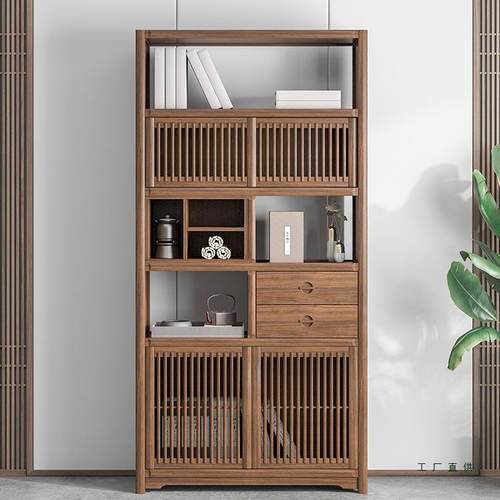 中式边餐柜立柜博新古柜博古架多宝桃阁实木黑胡木色榆木书架PSN