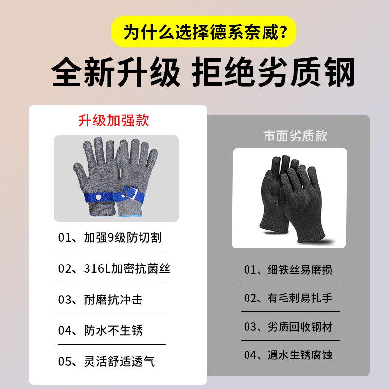 钢丝防割五指手套不锈钢9级防刀割防刺厨房切菜专用5级防切割防护