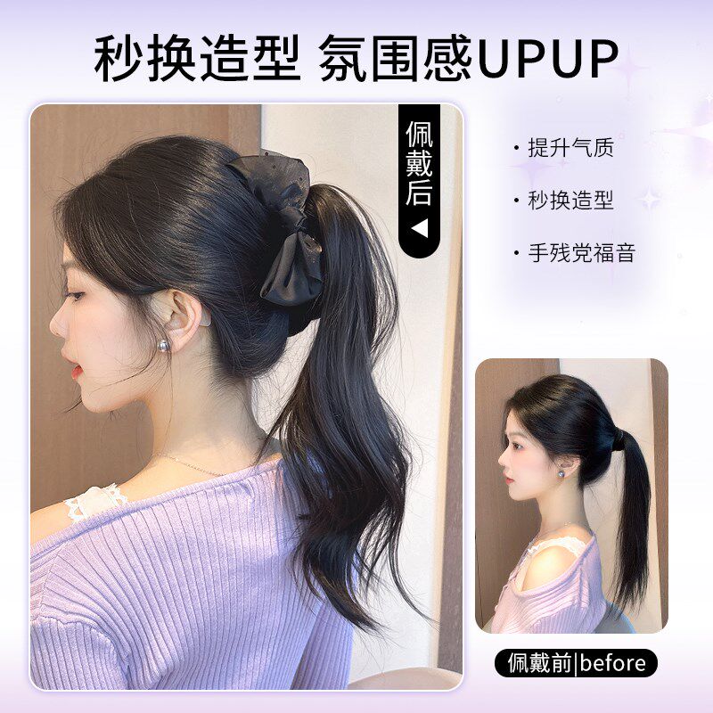 波点蝴蝶结假发马尾时尚减龄抓夹波浪卷长辫子发饰自然蓬松假马尾