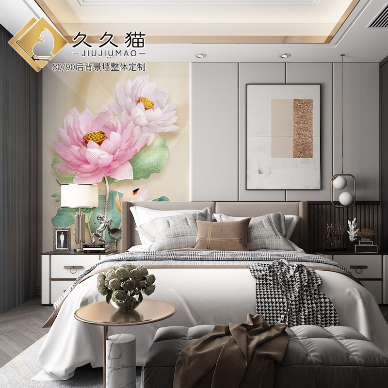 中式客厅简约玄关瓷砖背景墙过道走廊装饰画岩板壁画荷花莲花全瓷