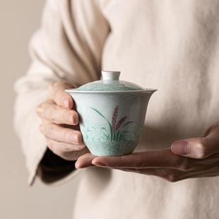 纯手绘芦苇二才盖碗带盖手抓单个高档家用陶瓷茶杯功夫茶具泡茶碗