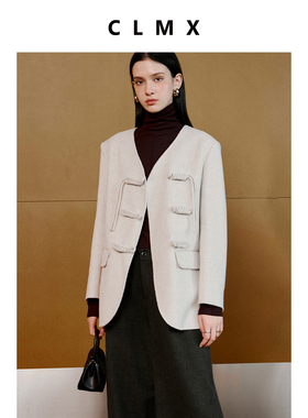CLMX复古新中式宽松直身廓形外套 时髦静奢感盘扣羊毛双面呢外套