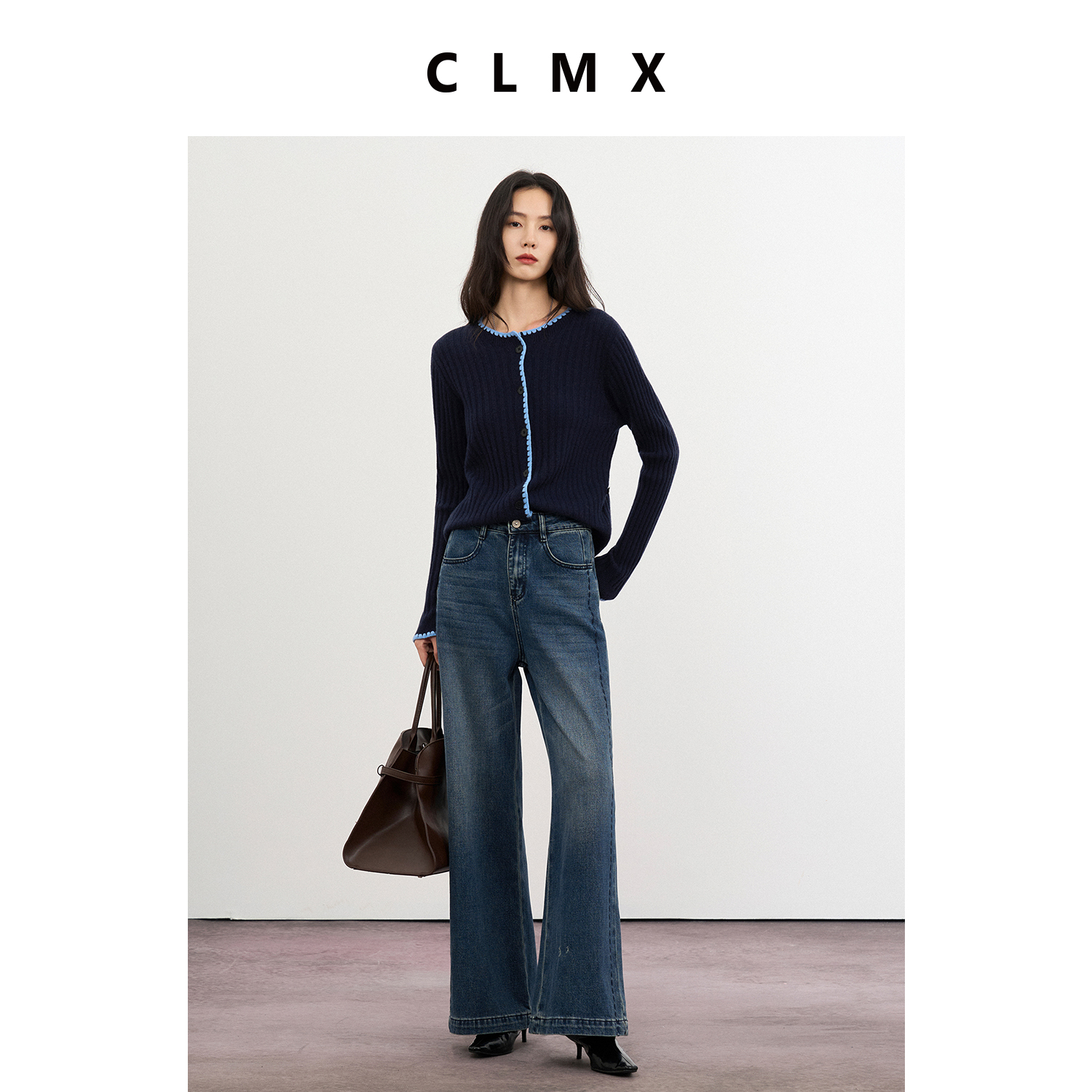 CLMX时髦贝壳绣撞色边圆领长袖针织衫加厚羊毛混纺纱线秋冬上衣女