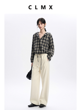 CLMX抽绳橡筋腰香蕉阔腿裤复合羊毛针织布面料休闲慵懒松弛裤子女