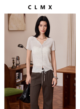 CLMX复古扣饰开襟短袖坑条针织衫亲肤羊毛点子花纱面料圆领上衣女
