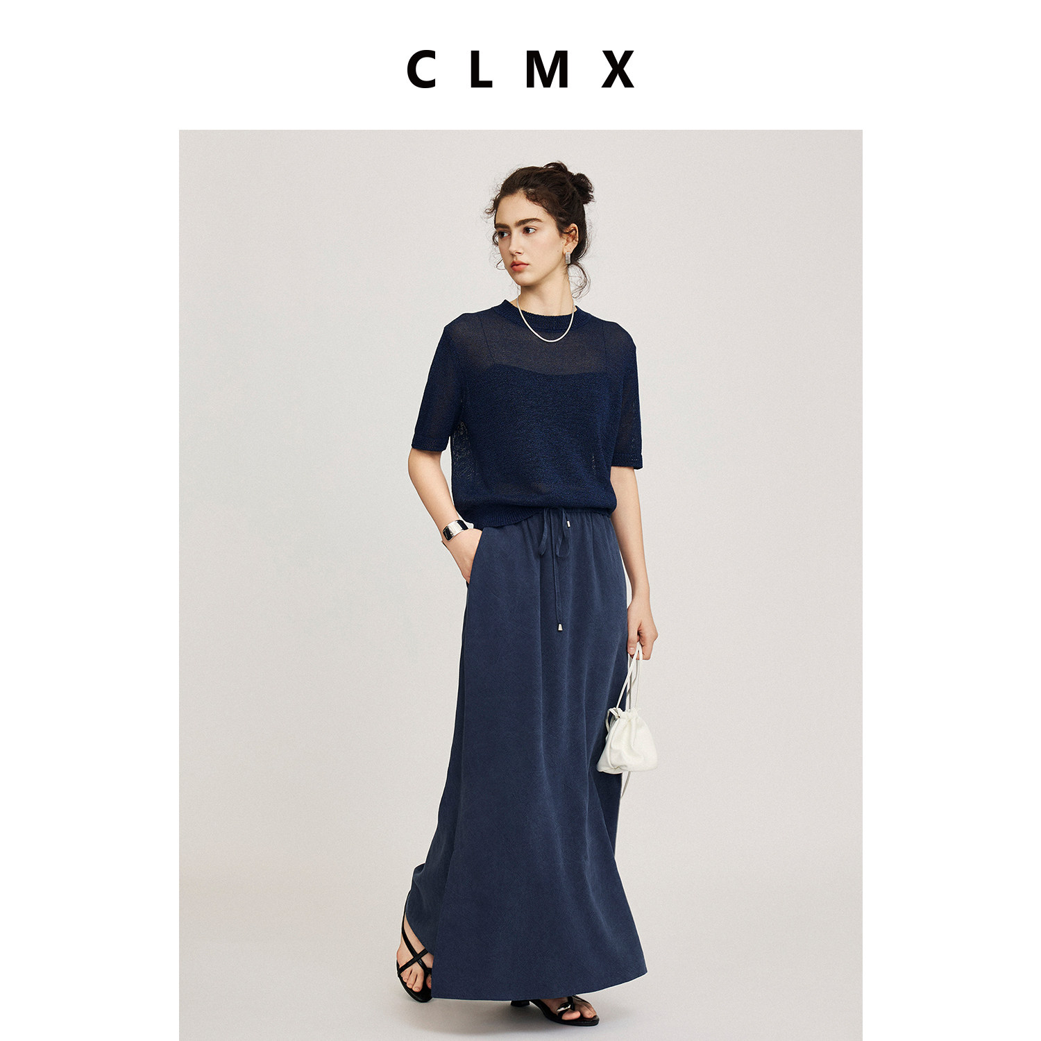 CLMX简约纯色两件套褶皱砂洗莱赛尔面料收腰露肩上衣/开衩半身裙