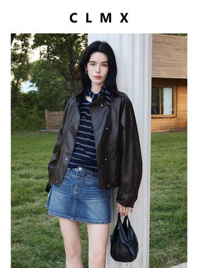 CLMX休闲感立领叠门襟箱型夹克金属丝PU皮纯色通勤外套女