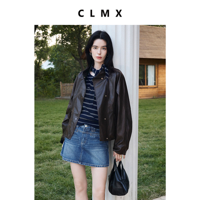 CLMX休闲感立领叠门襟箱型夹克金属丝PU皮纯色通勤外套女