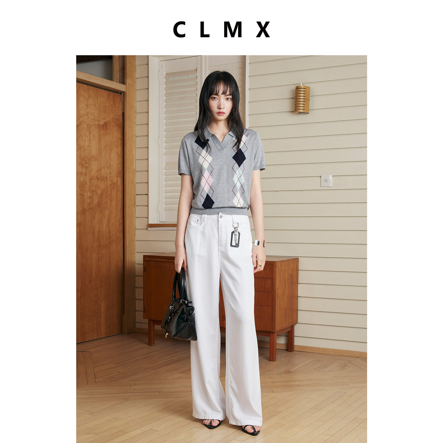 CLMX绵羊毛桑蚕丝复古菱格Polo领短袖T恤女春季高级V领针织