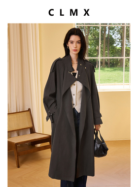 CLMX复古立领廓形氛围感长风衣柔软垂坠棉莱赛尔斜纹面料纯色外套