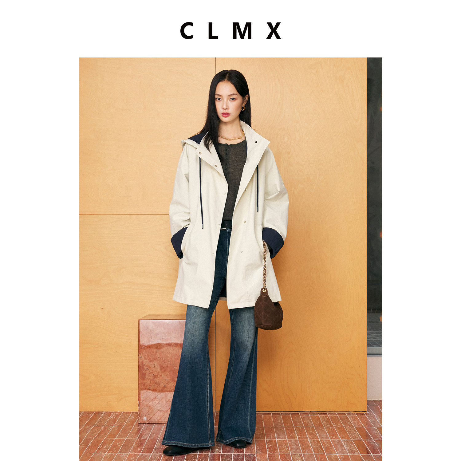 CLMX复古棉拼接连帽中长外套女