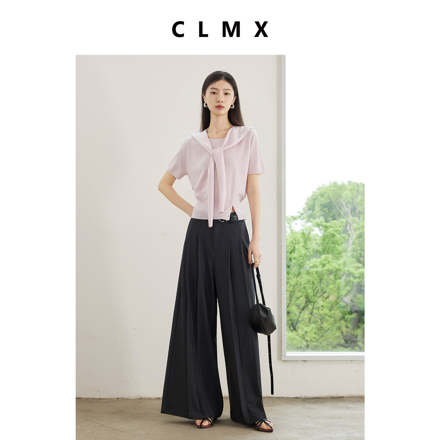 CLMX绵羊毛桑蚕丝纯色披肩圆领短袖针织衫女夏季通勤高级修身上衣