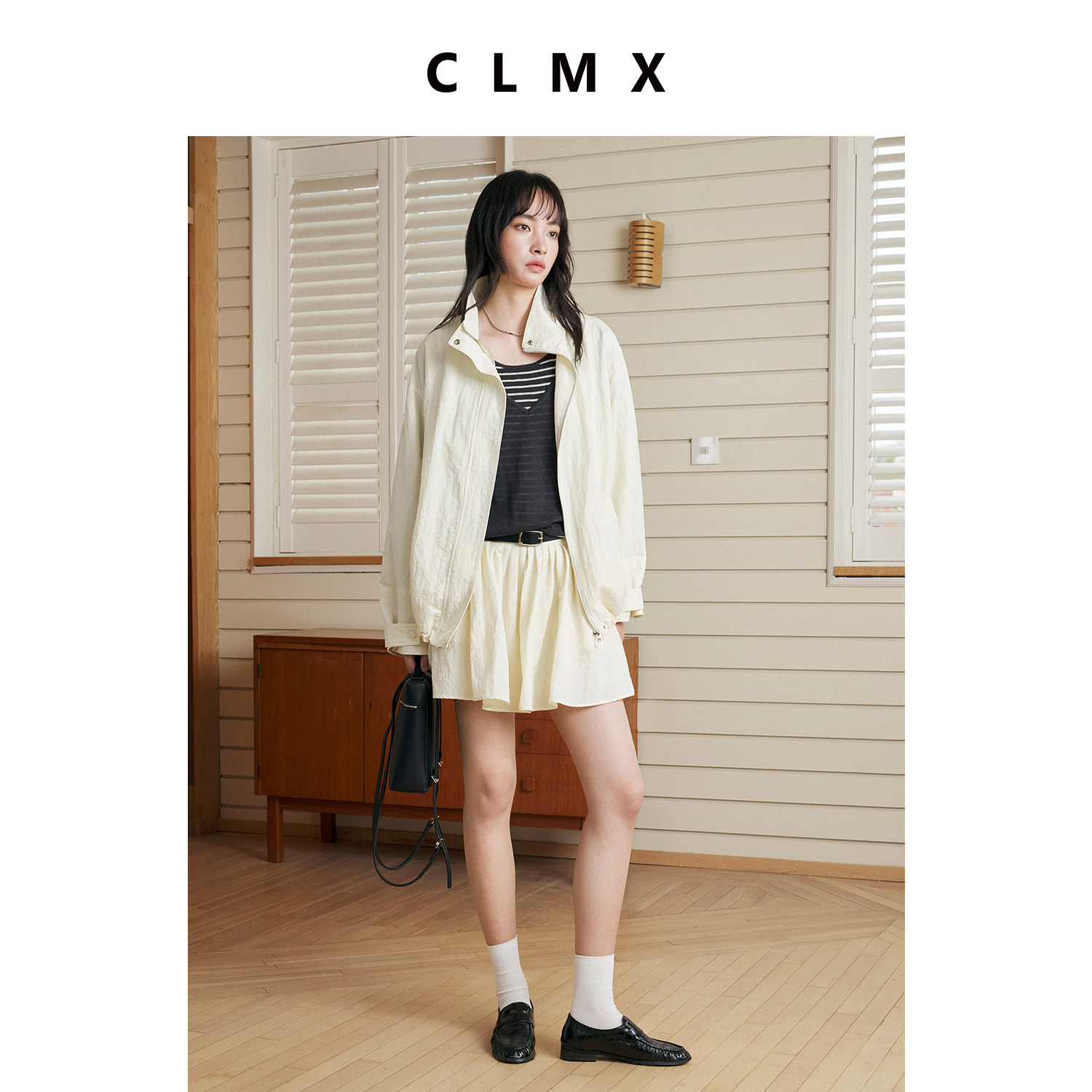 CLMX复古纯色VTG知识分子长袖外套春季女气质A字短裙子套装配