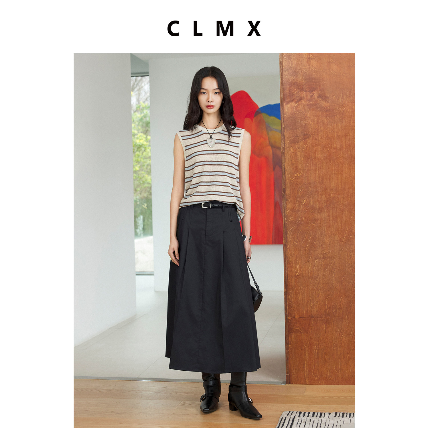 CLMX莱赛尔亚麻纱线条纹圆领针织无袖背心女春季通勤宽松慵懒上衣