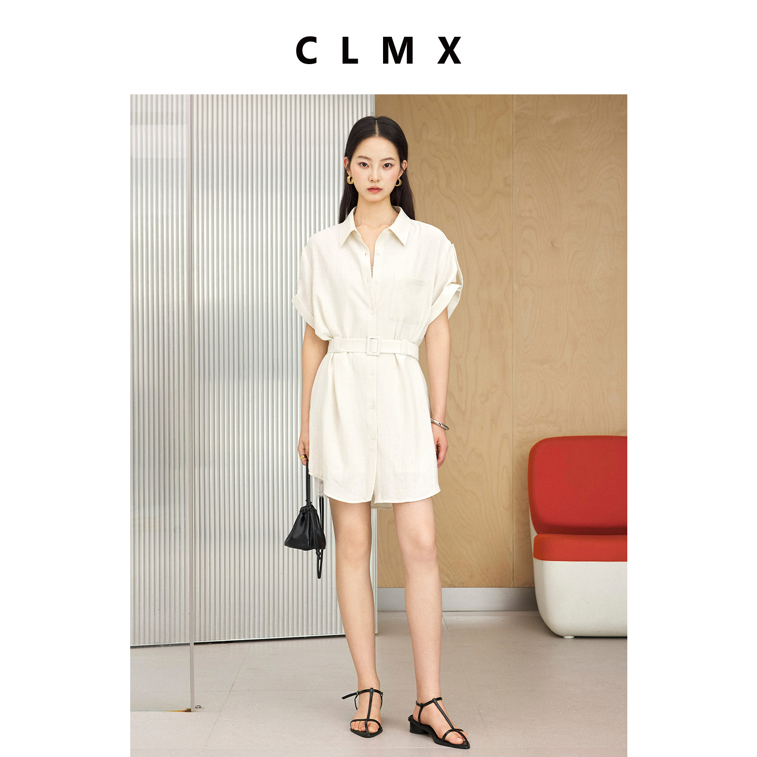 CLMX亚麻白色修身衬衫连衣裙