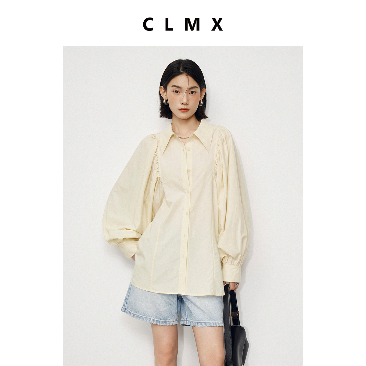 CLMX亲肤高支高密莱赛尔棉混纺面料 复古褶皱立体泡泡袖廓形衬衫
