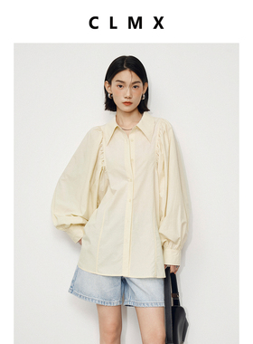 CLMX亲肤高支高密莱赛尔棉混纺面料 复古褶皱立体泡泡袖廓形衬衫