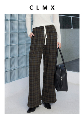 CLMX粘胶混纺双面复合格纹针织布微弹显高显瘦宽松阔腿直筒休闲裤