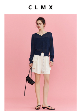 CLMX简约纯色直筒裤子透气粘纤锦纶混纺面料工装风贴袋抽绳短裤女