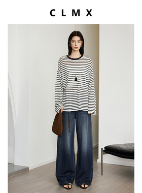 CLMX简约宽松慵懒感上衣自然肌理感棉亚麻混纺纱面料条纹针织衫女