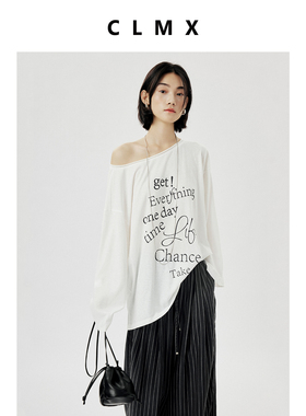 CLMX夏季简约印花透气上衣微透竹节纱肌理棉混纺面料大圆领T恤女