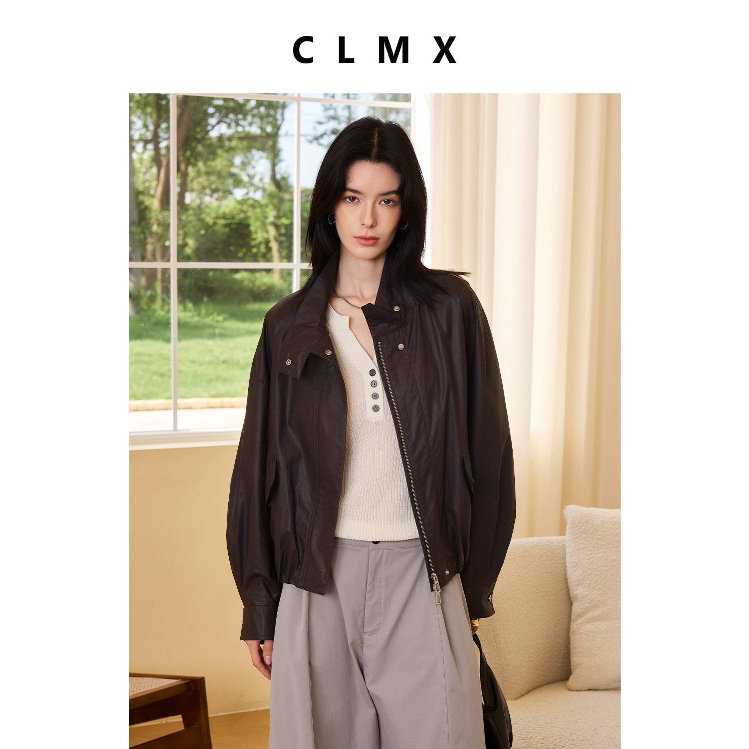 CLMX立领双拉链廓形夹克轻盈干爽高支细腻全棉平纹面料简约外套女