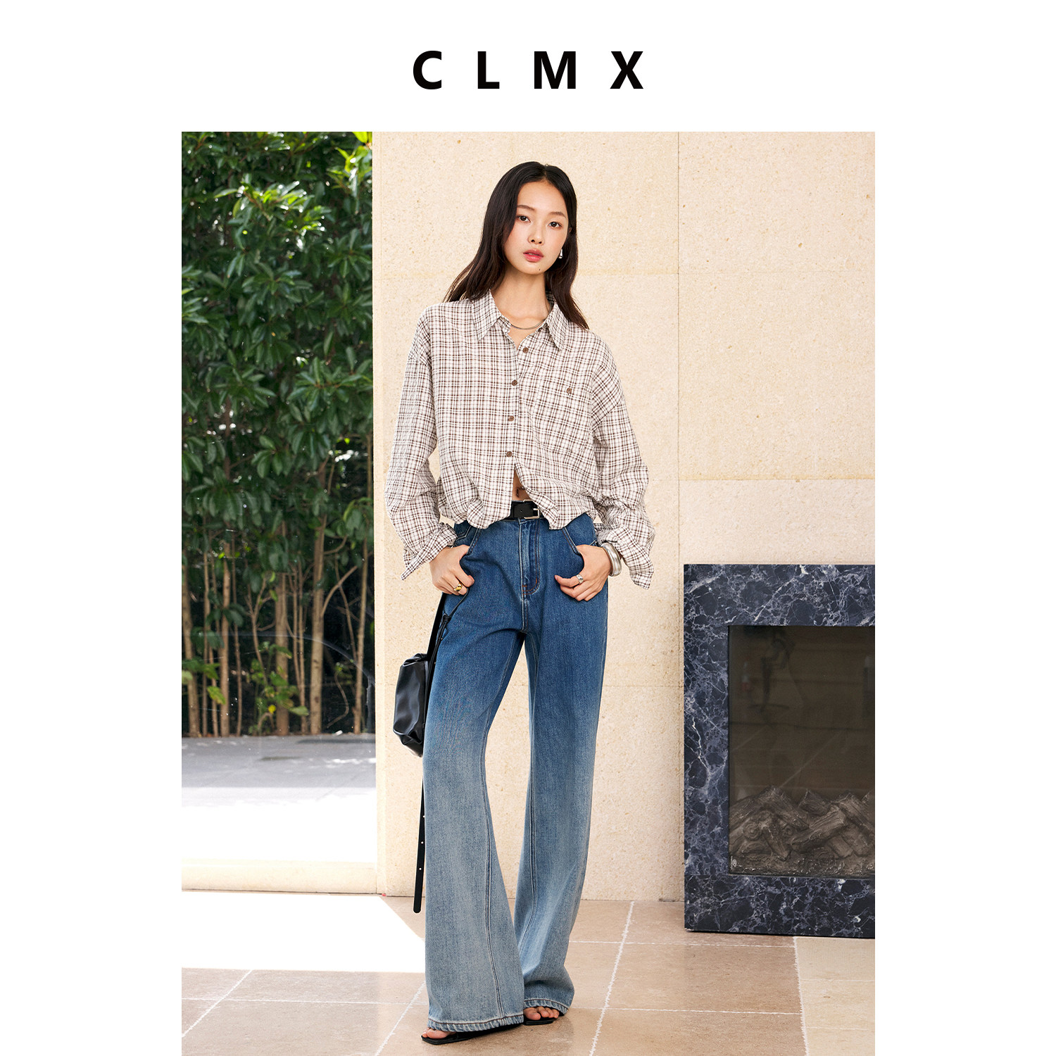 CLMX棉泡泡纱格纹通勤衬衫女