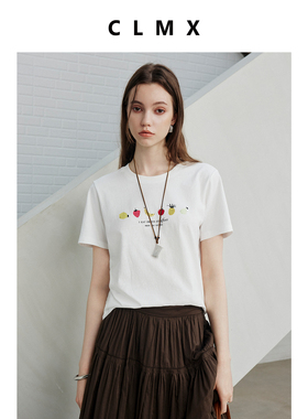 CLMX光洁细腻100%纯棉织造面布  百搭通勤风小廓形水果印花T恤衫
