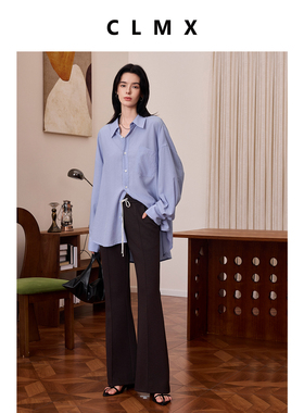 CLMX中长款翻领开襟长袖廓形衬衫100%莱赛尔平纹面料纯色宽松上衣