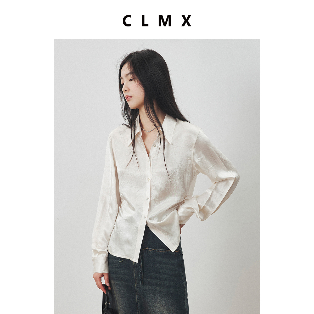 CLMX甄选天然纹皱缎面醋酯纤维面料 经典通勤风翻领正肩压褶衬衫