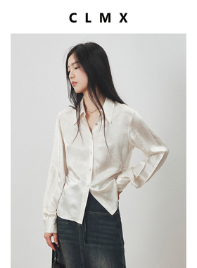 CLMX甄选天然纹皱缎面醋酯纤维面料 经典通勤风翻领正肩压褶衬衫